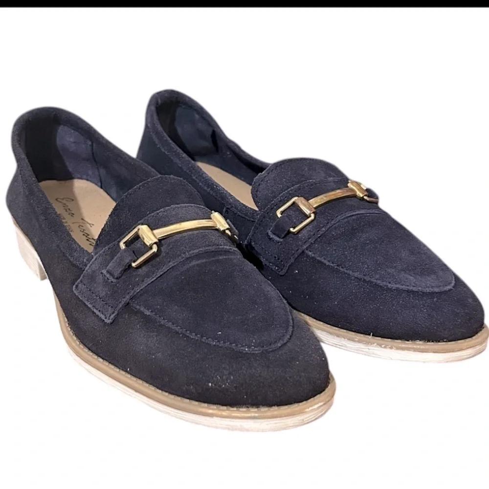 Enzo Tesoti Leather Suede Low Heel Loafer Sz 8.5 US (39 EU) Navy w/ Gold Accent
